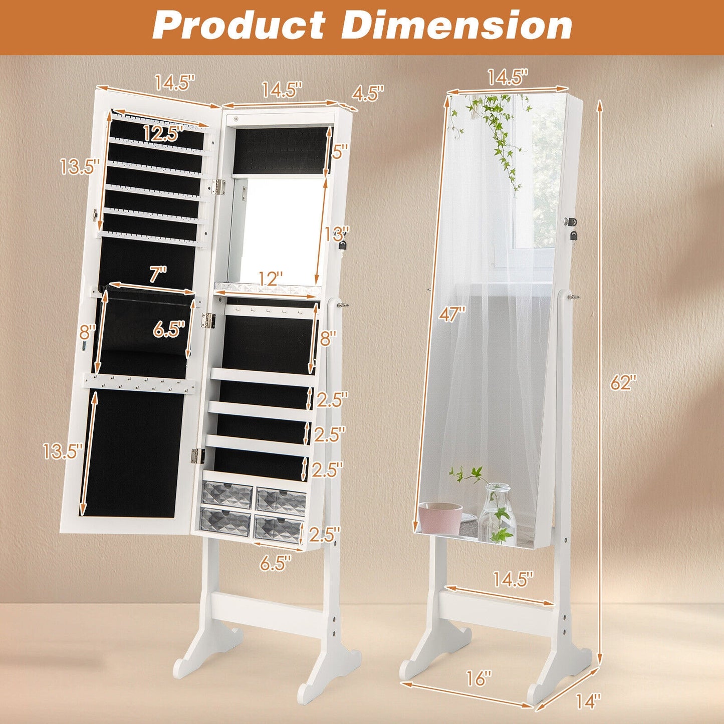 LED Lighted Full-Length Mirror Jewelry Armoire with Lockable Storage and Adjustable Angle – White