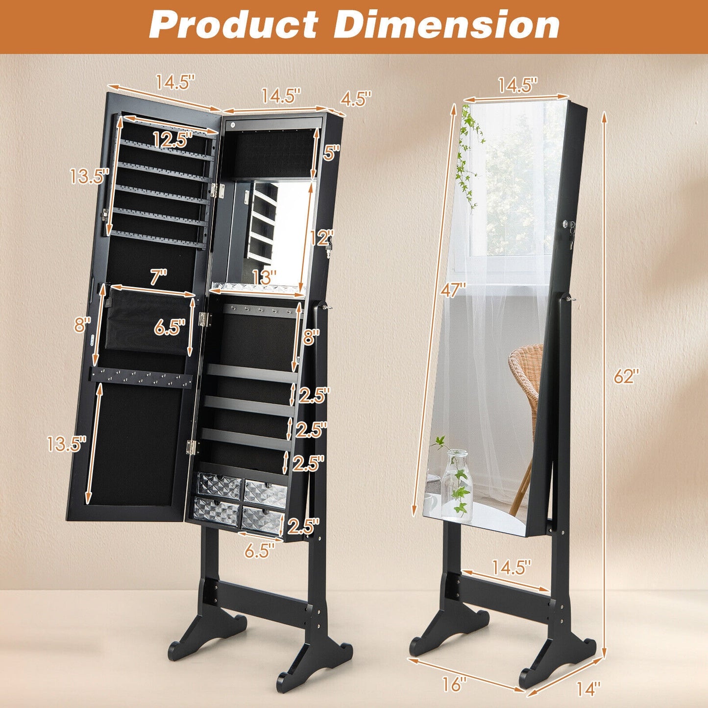 LED Lighted Full-Length Mirror Jewelry Armoire with Lockable Storage and Adjustable Angle – Black