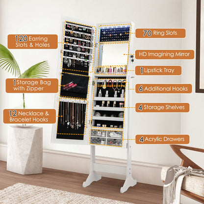 LED Lighted Full-Length Mirror Jewelry Armoire with Lockable Storage and Adjustable Angle – White