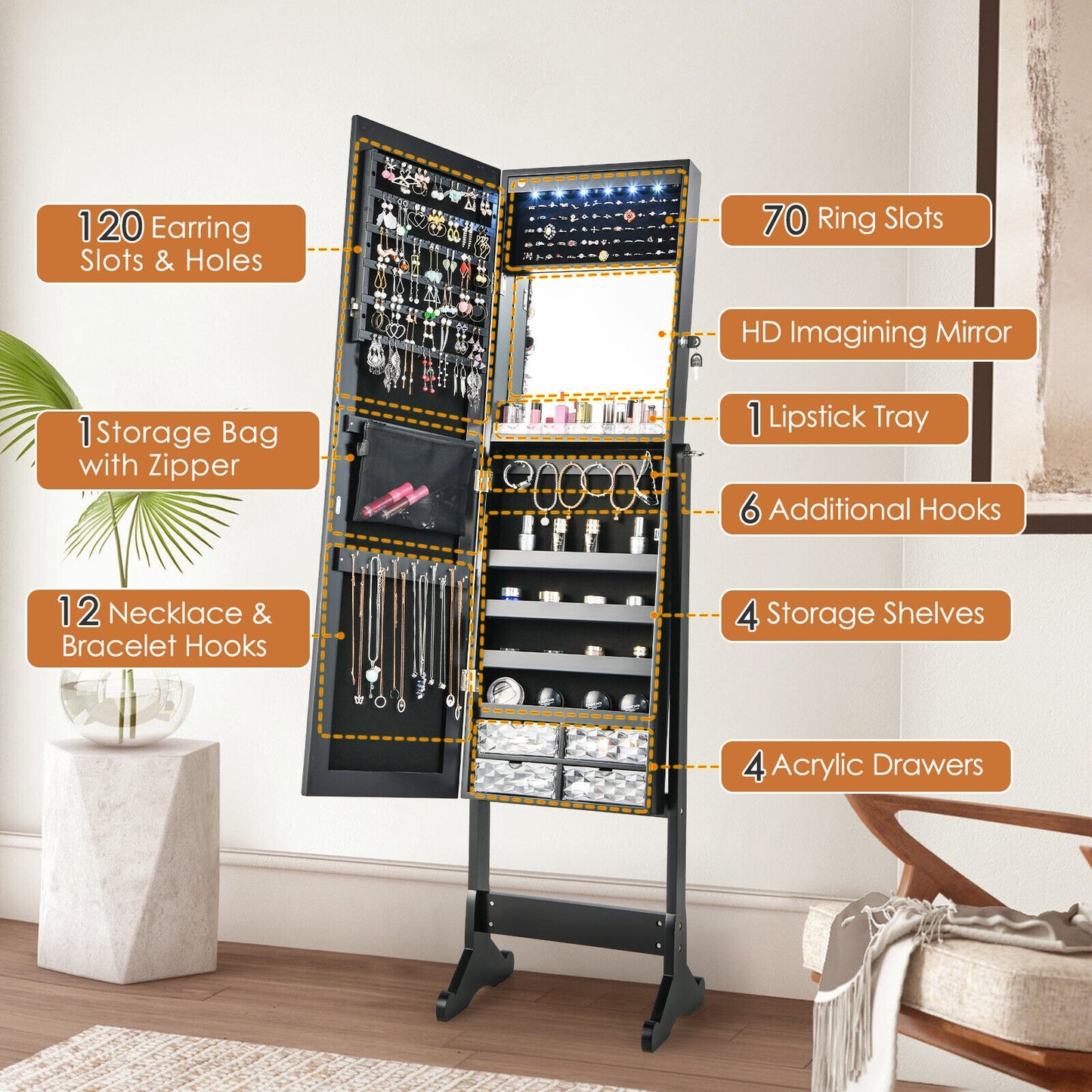 LED Lighted Full-Length Mirror Jewelry Armoire with Lockable Storage and Adjustable Angle – Black