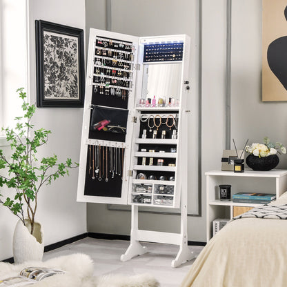 LED Lighted Full-Length Mirror Jewelry Armoire with Lockable Storage and Adjustable Angle – White