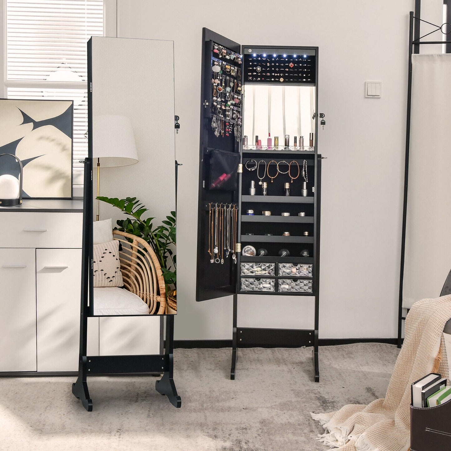 LED Lighted Full-Length Mirror Jewelry Armoire with Lockable Storage and Adjustable Angle – Black