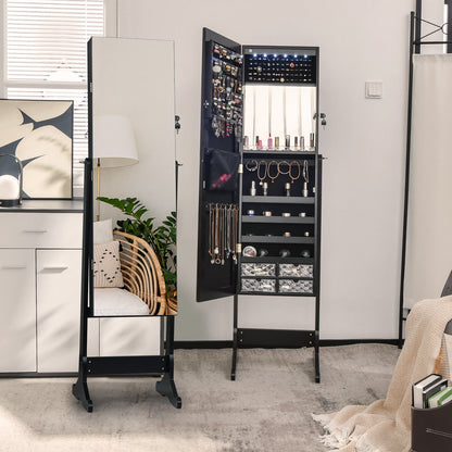 LED Lighted Full-Length Mirror Jewelry Armoire with Lockable Storage and Adjustable Angle – Black