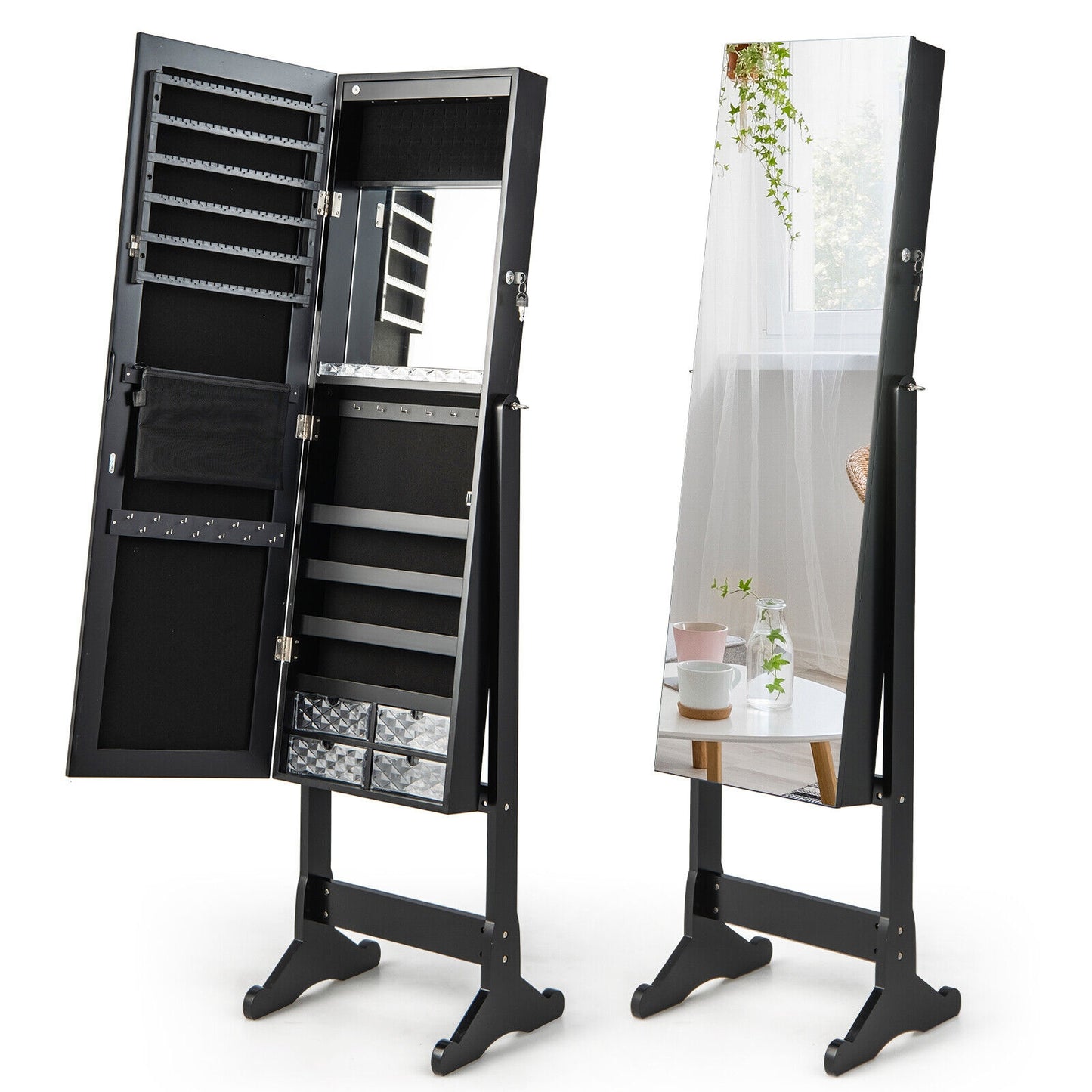 LED Lighted Full-Length Mirror Jewelry Armoire with Lockable Storage and Adjustable Angle – Black