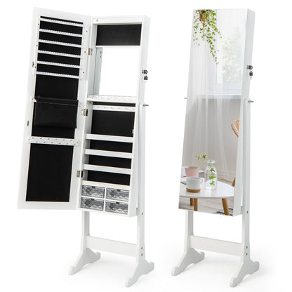 LED Lighted Full-Length Mirror Jewelry Armoire with Lockable Storage and Adjustable Angle – White