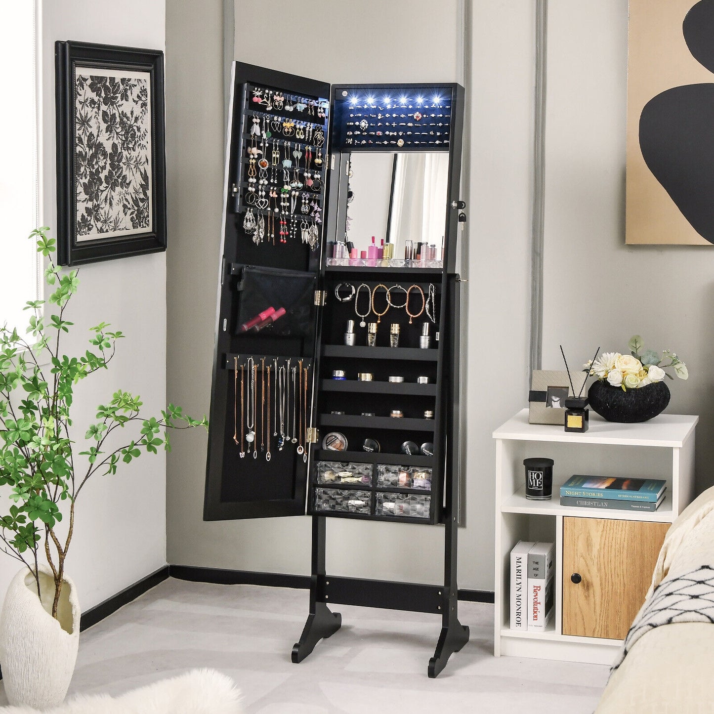 LED Lighted Full-Length Mirror Jewelry Armoire with Lockable Storage and Adjustable Angle – Black