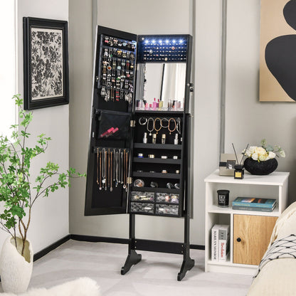 LED Lighted Full-Length Mirror Jewelry Armoire with Lockable Storage and Adjustable Angle – Black