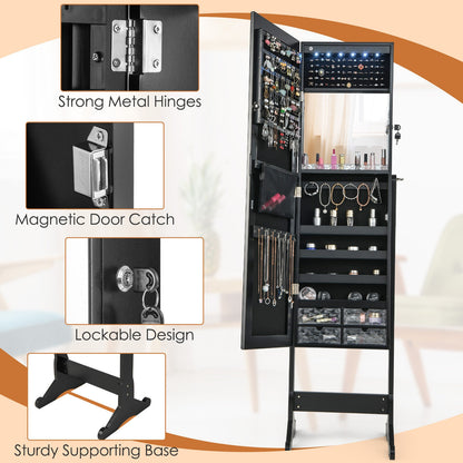 LED Lighted Full-Length Mirror Jewelry Armoire with Lockable Storage and Adjustable Angle – Black