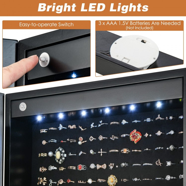 LED Lighted Full-Length Mirror Jewelry Armoire with Lockable Storage and Adjustable Angle – Black