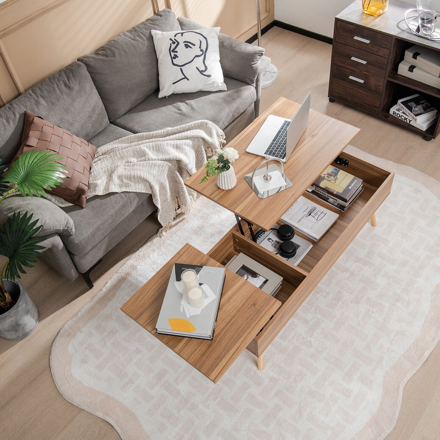 Split Lift Top Coffee Table with Dual Hidden Storage Compartments