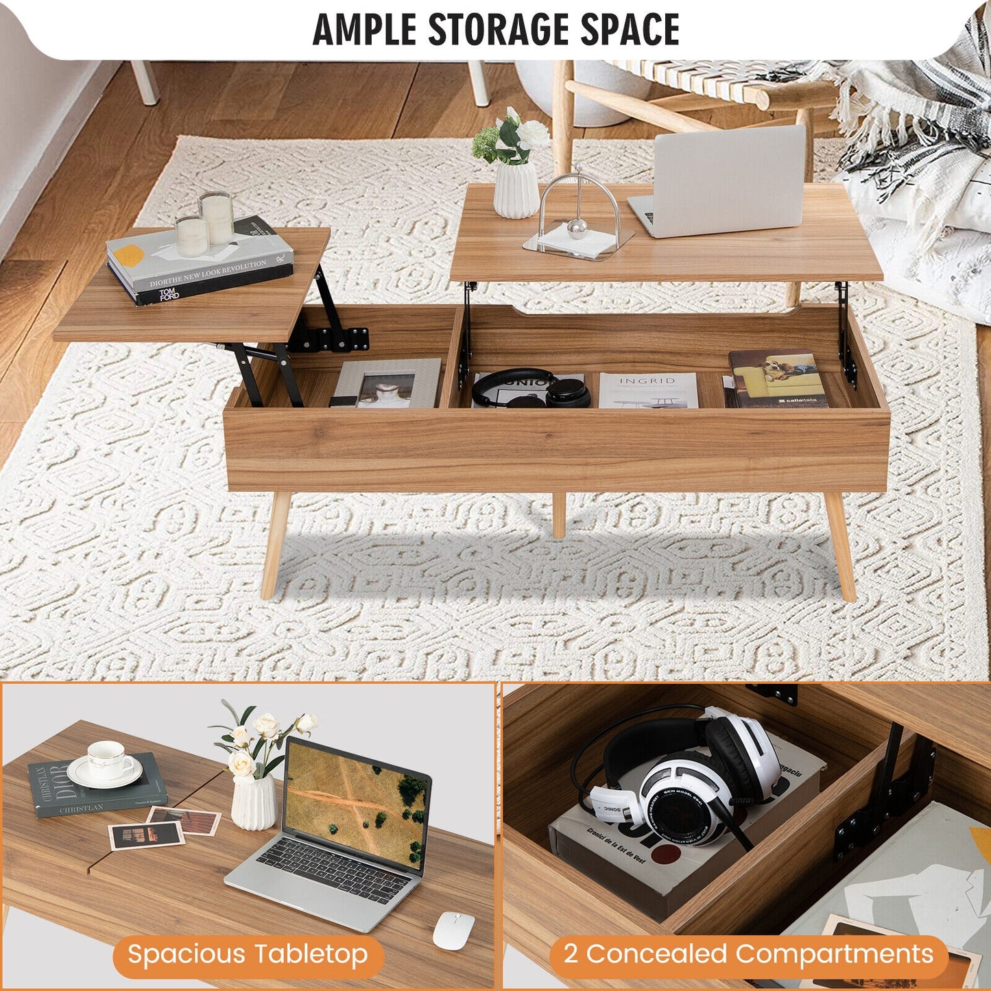 Split Lift Top Coffee Table with Dual Hidden Storage Compartments