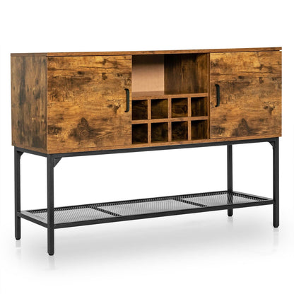 Rustic Industrial Sideboard Cabinet with Wine Rack Storage Metal Mesh Shelf and 2 Door Cupboards