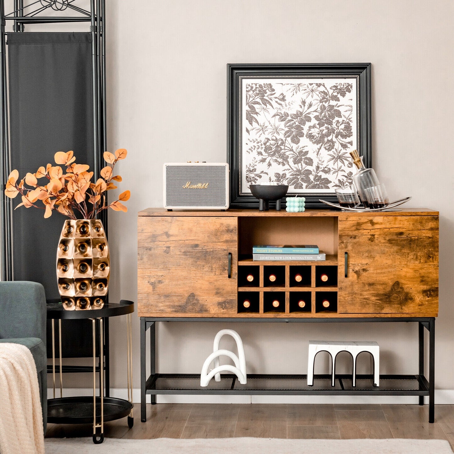 Rustic Industrial Sideboard Cabinet with Wine Rack Storage Metal Mesh Shelf and 2 Door Cupboards