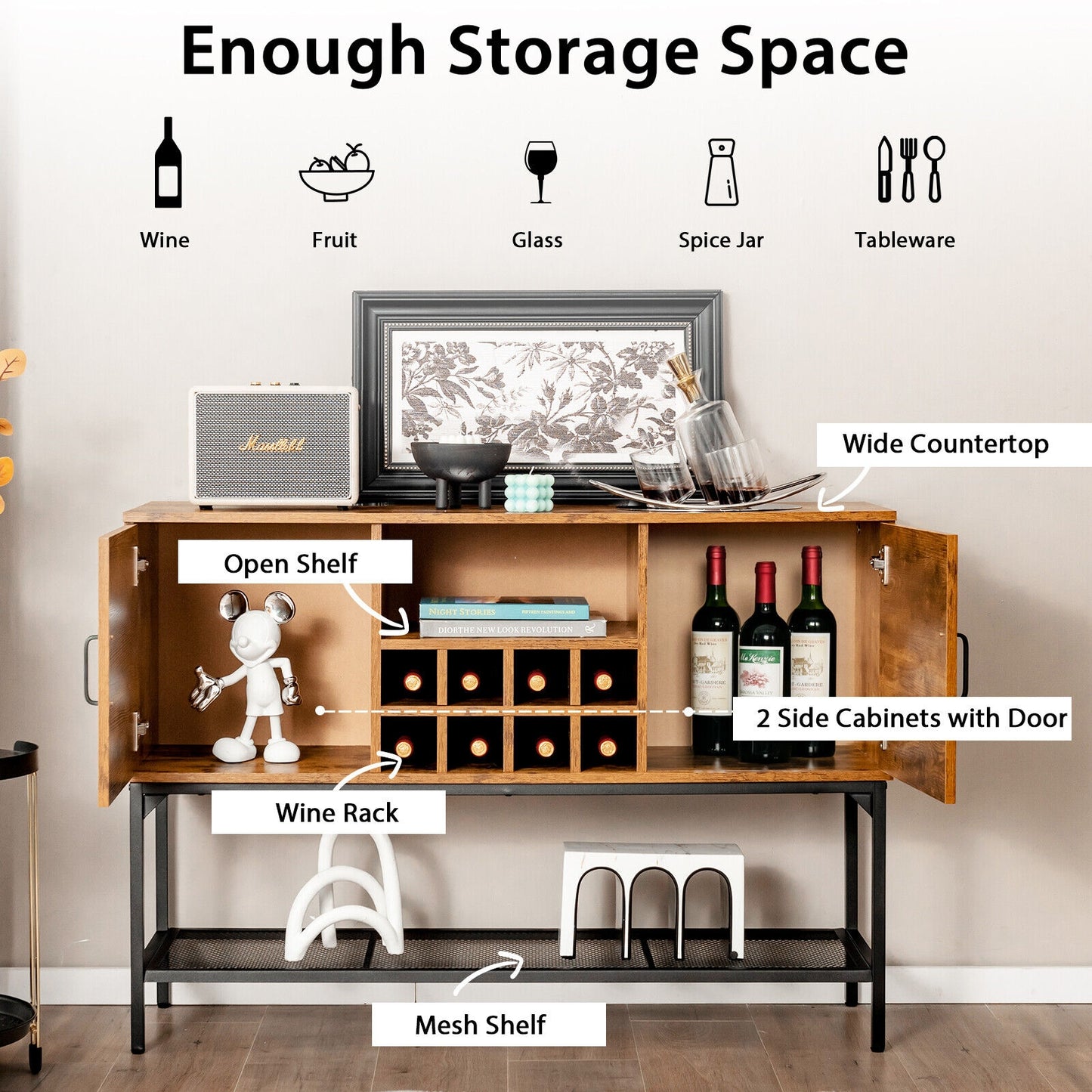 Rustic Industrial Sideboard Cabinet with Wine Rack Storage Metal Mesh Shelf and 2 Door Cupboards