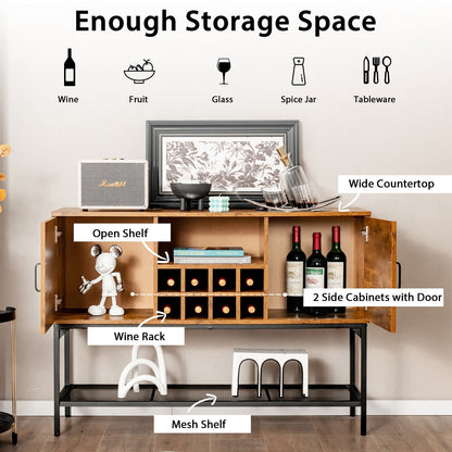Rustic Industrial Sideboard Cabinet with Wine Rack Storage Metal Mesh Shelf and 2 Door Cupboards