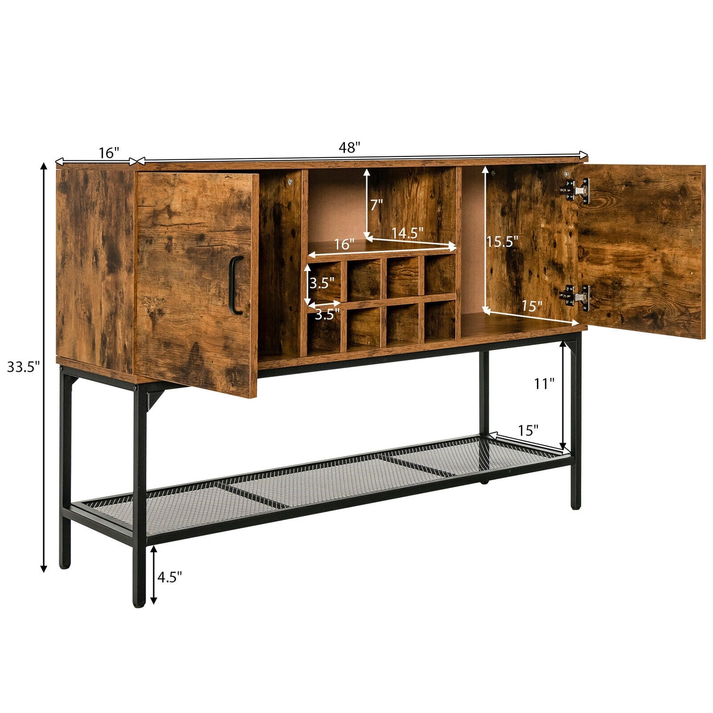 Rustic Industrial Sideboard Cabinet with Wine Rack Storage Metal Mesh Shelf and 2 Door Cupboards