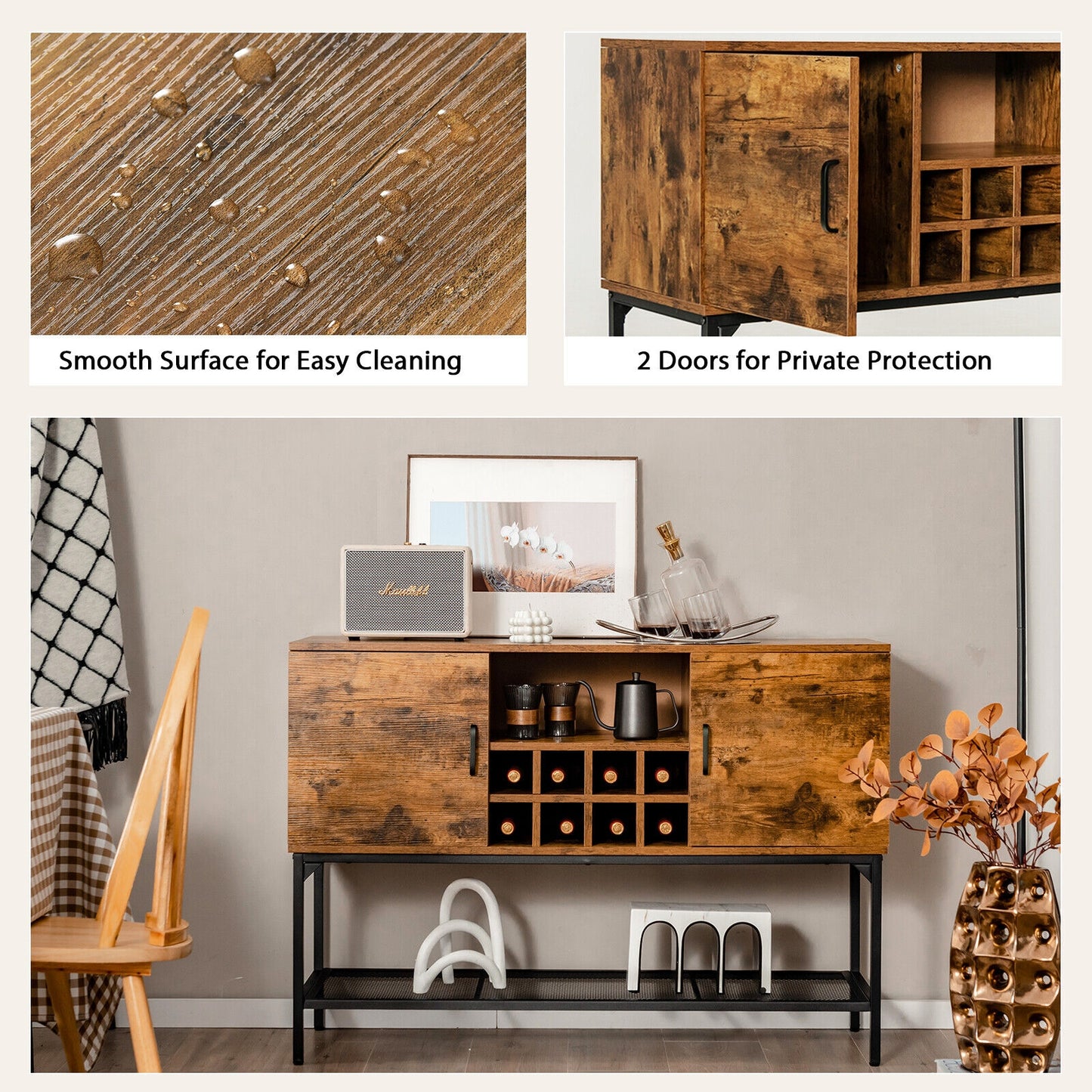 Rustic Industrial Sideboard Cabinet with Wine Rack Storage Metal Mesh Shelf and 2 Door Cupboards