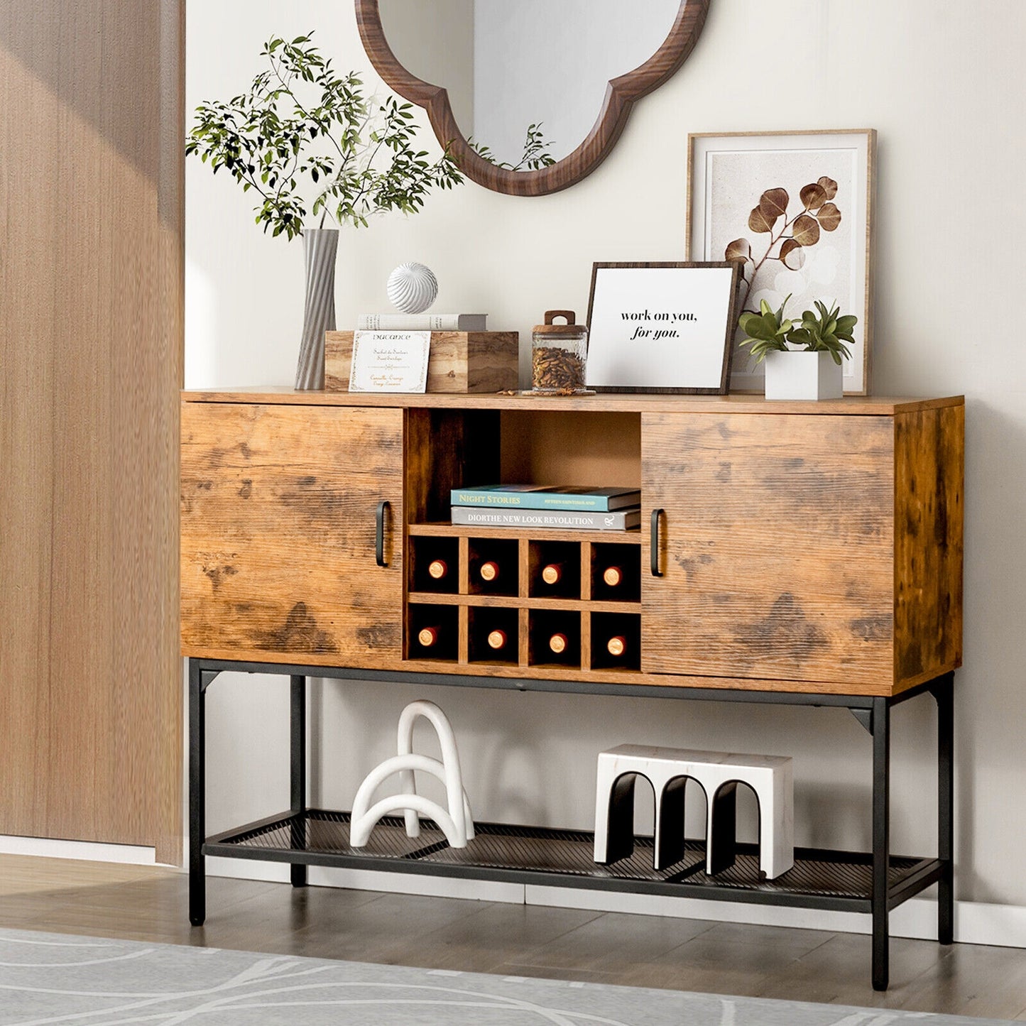 Rustic Industrial Sideboard Cabinet with Wine Rack Storage Metal Mesh Shelf and 2 Door Cupboards