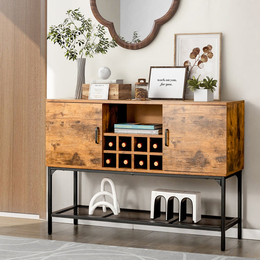 Rustic Industrial Sideboard Cabinet with Wine Rack Storage Metal Mesh Shelf and 2 Door Cupboards