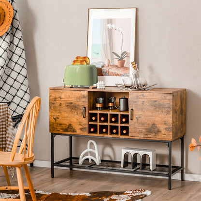 Rustic Industrial Sideboard Cabinet with Wine Rack Storage Metal Mesh Shelf and 2 Door Cupboards