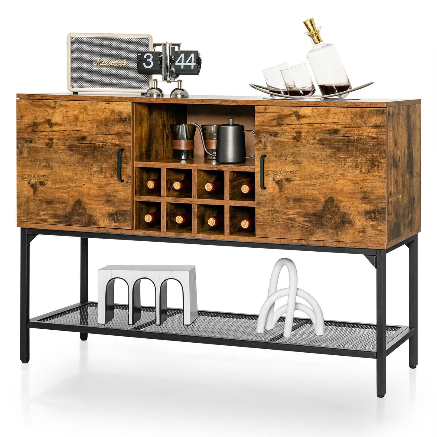 Rustic Industrial Sideboard Cabinet with Wine Rack Storage Metal Mesh Shelf and 2 Door Cupboards