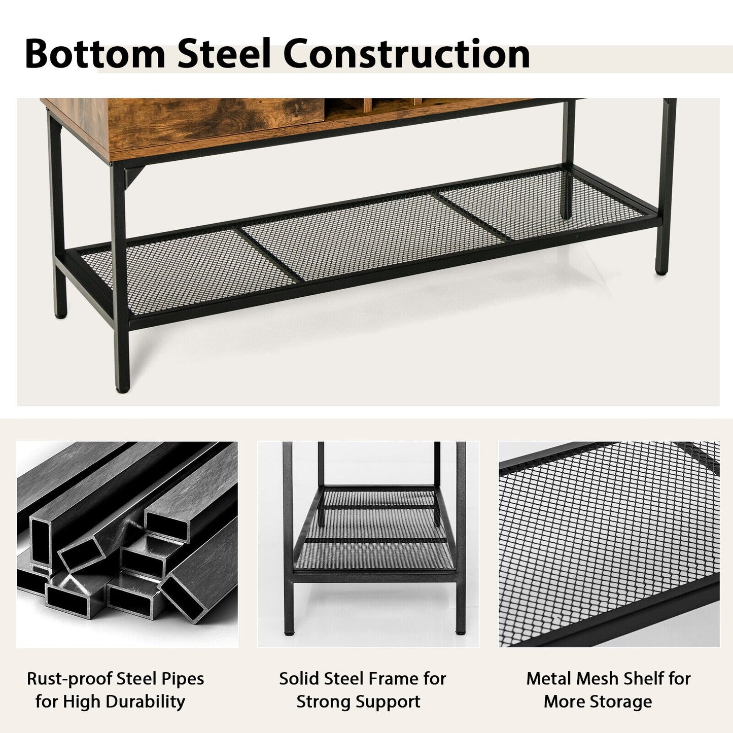 Rustic Industrial Sideboard Cabinet with Wine Rack Storage Metal Mesh Shelf and 2 Door Cupboards
