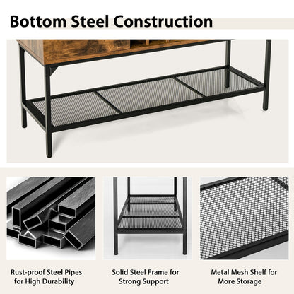Rustic Industrial Sideboard Cabinet with Wine Rack Storage Metal Mesh Shelf and 2 Door Cupboards