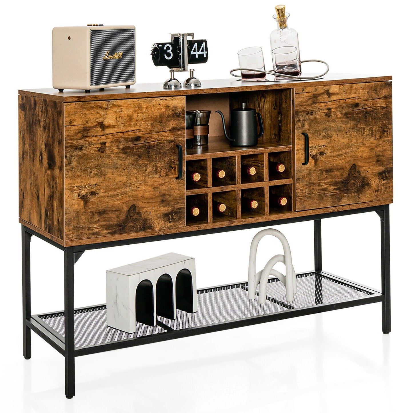 Rustic Industrial Sideboard Cabinet with Wine Rack Storage Metal Mesh Shelf and 2 Door Cupboards