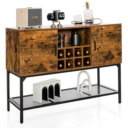 Rustic Industrial Sideboard Cabinet with Wine Rack Storage Metal Mesh Shelf and 2 Door Cupboards