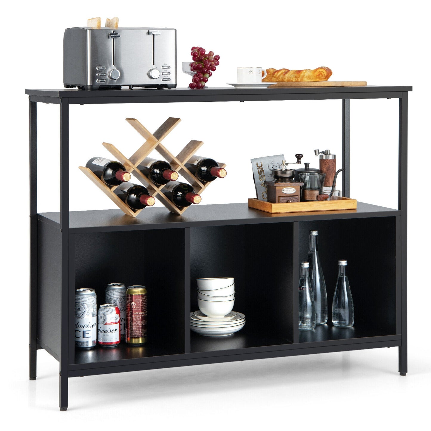 Multipurpose Buffet Sideboard Cabinet with Open Shelves and Storage Compartments - Black