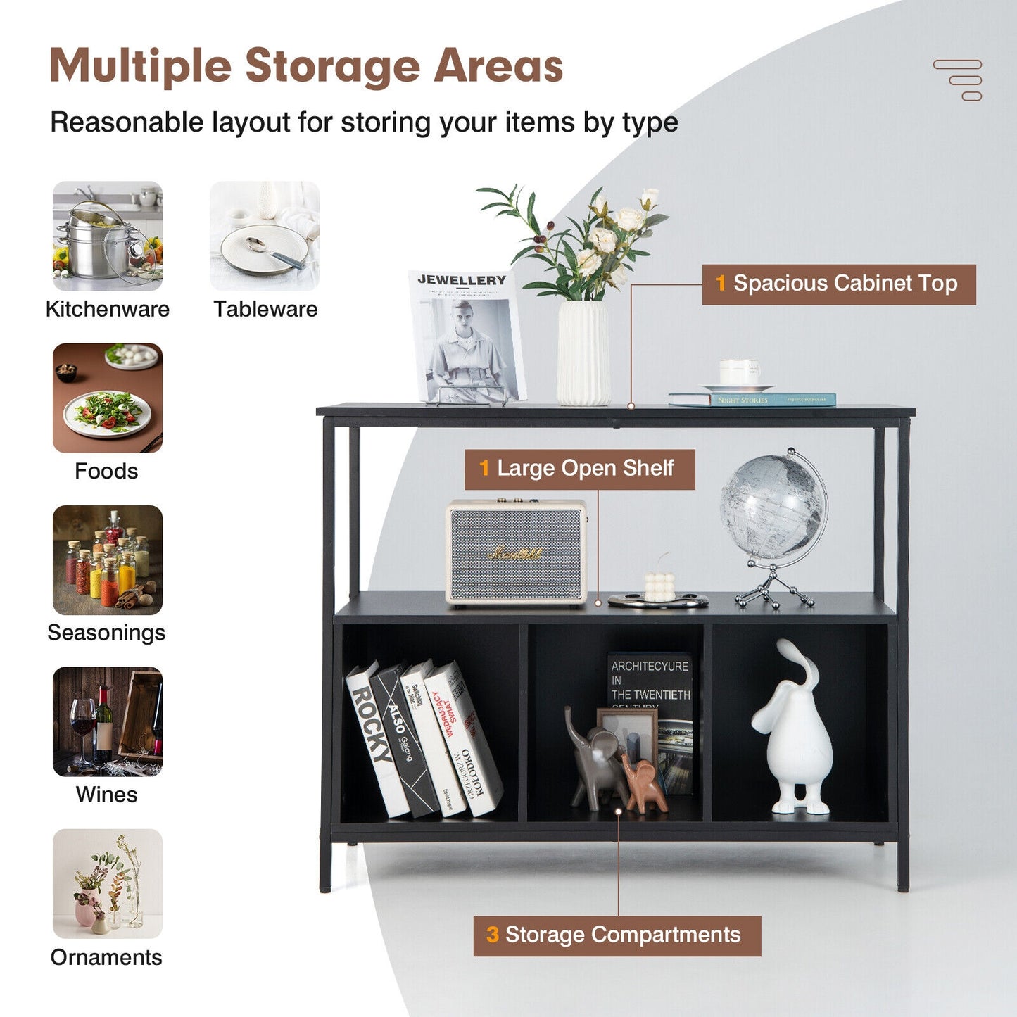 Multipurpose Buffet Sideboard Cabinet with Open Shelves and Storage Compartments - Black