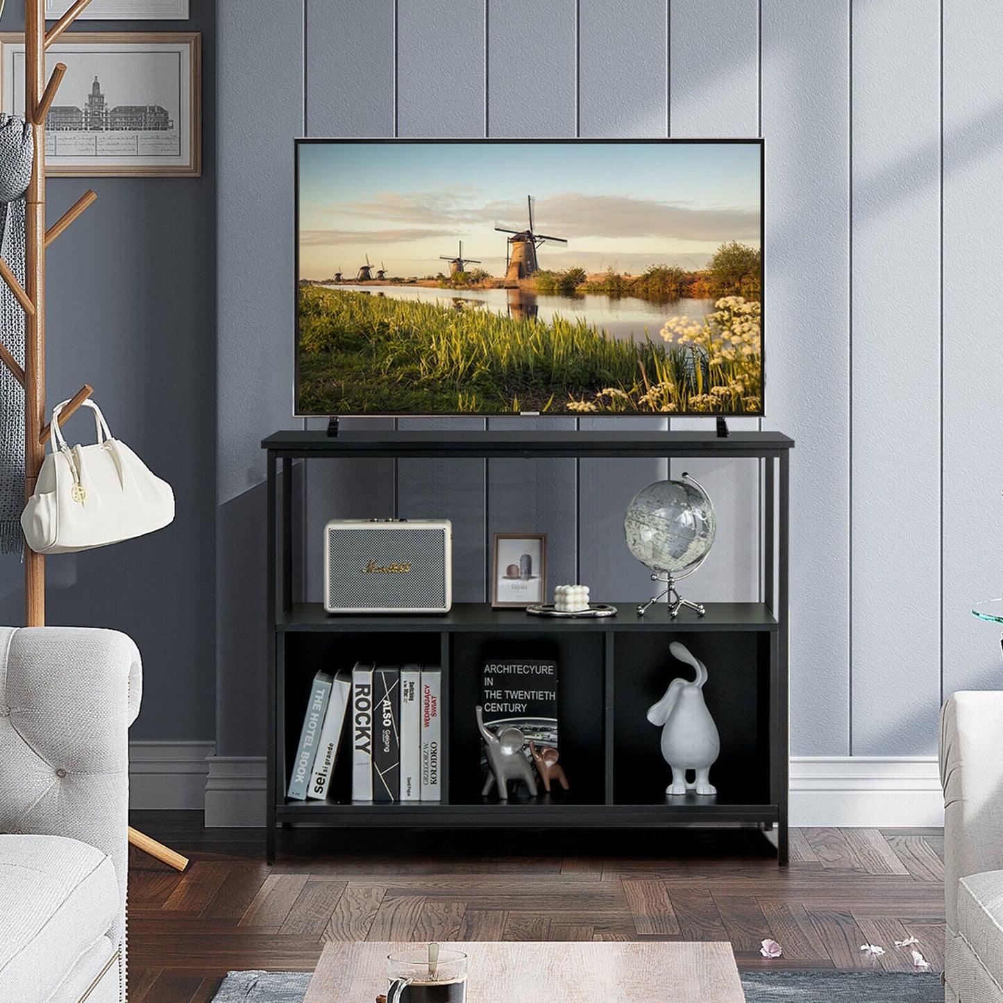 Multipurpose Buffet Sideboard Cabinet with Open Shelves and Storage Compartments - Black
