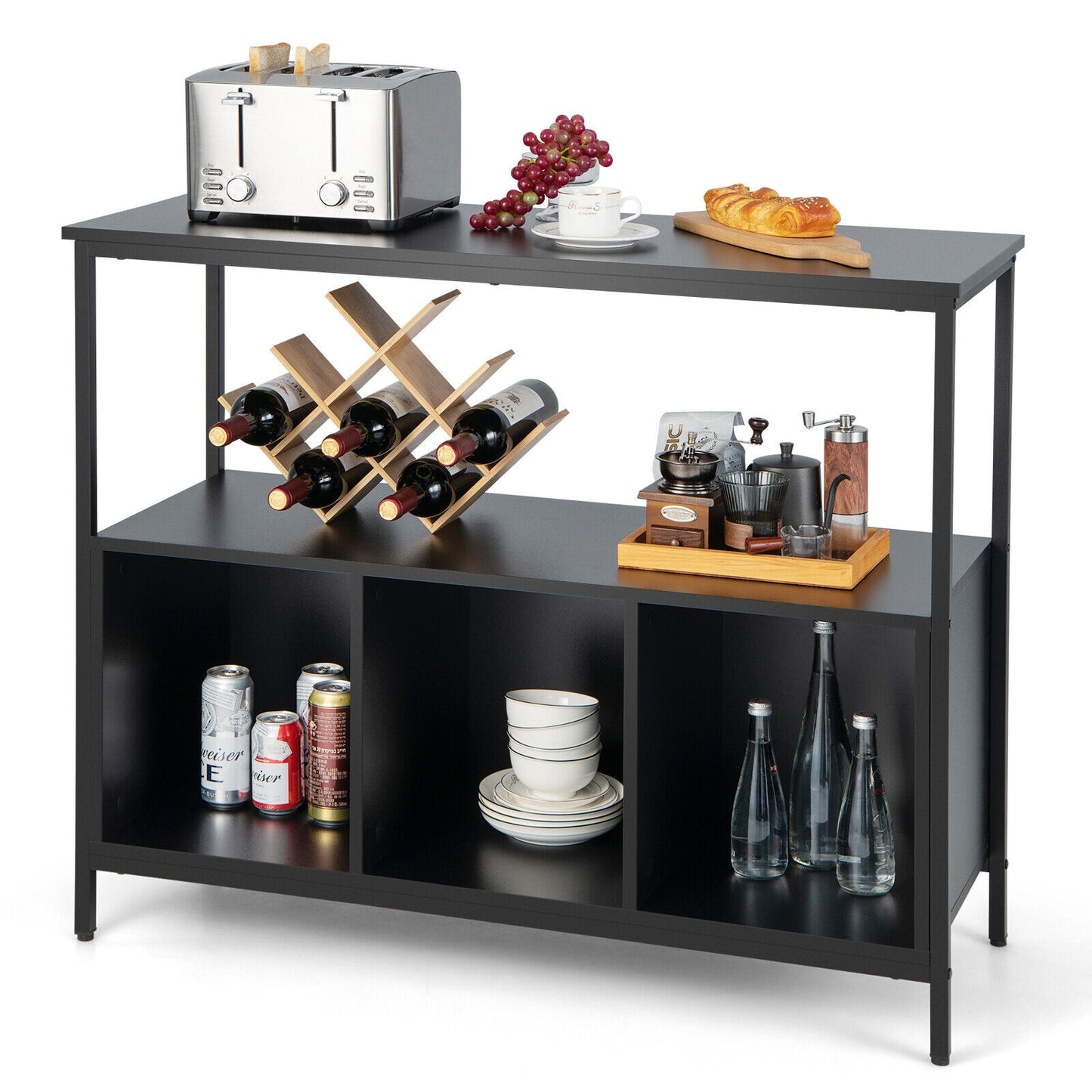 Multipurpose Buffet Sideboard Cabinet with Open Shelves and Storage Compartments - Black