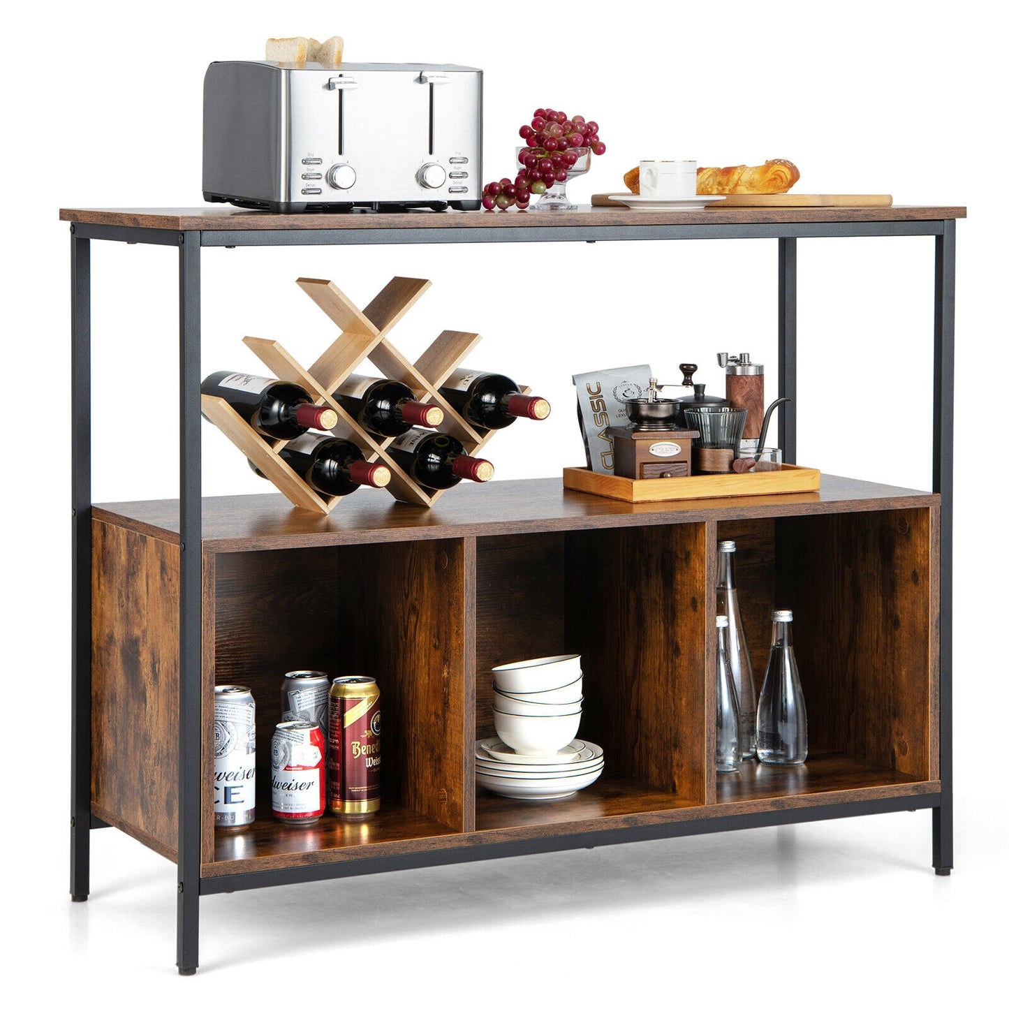 Multipurpose Buffet Sideboard Cabinet with Open Shelves and Storage Compartments - Rustic Brown