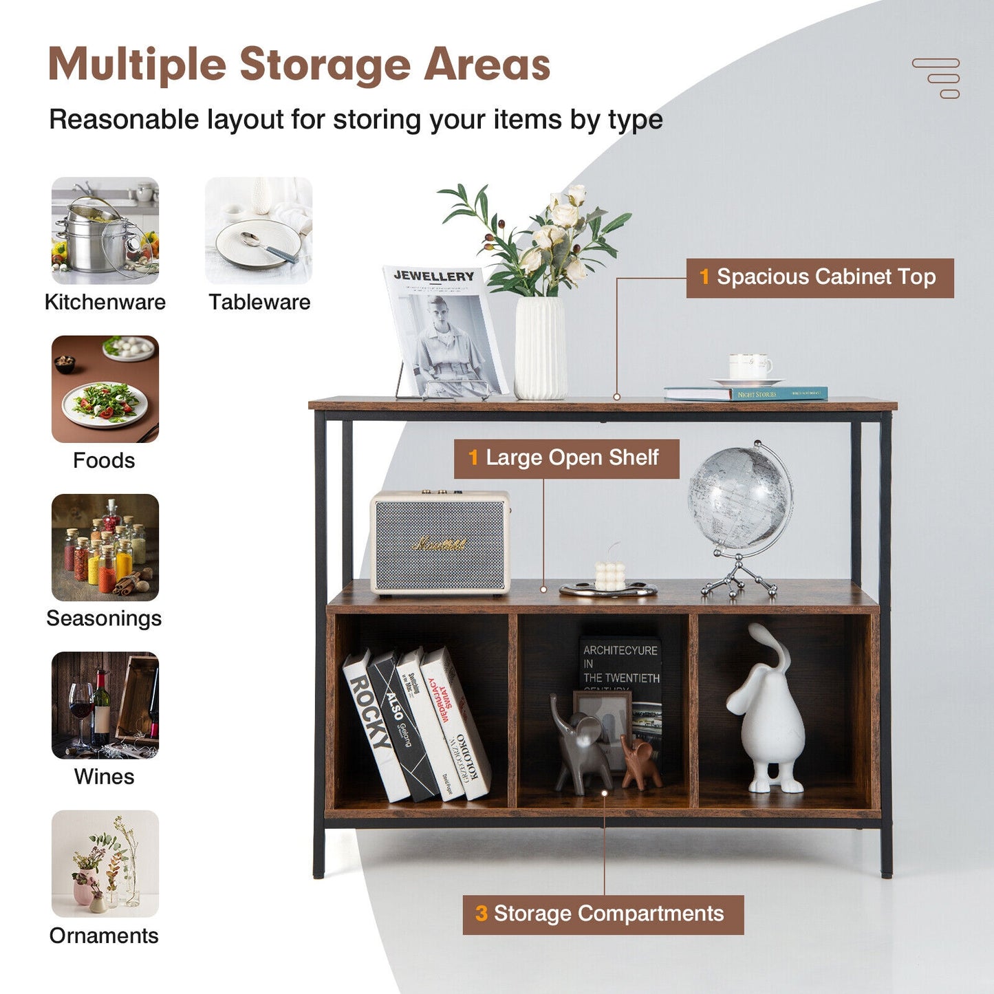 Multipurpose Buffet Sideboard Cabinet with Open Shelves and Storage Compartments - Rustic Brown
