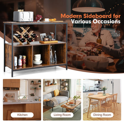 Multipurpose Buffet Sideboard Cabinet with Open Shelves and Storage Compartments - Rustic Brown