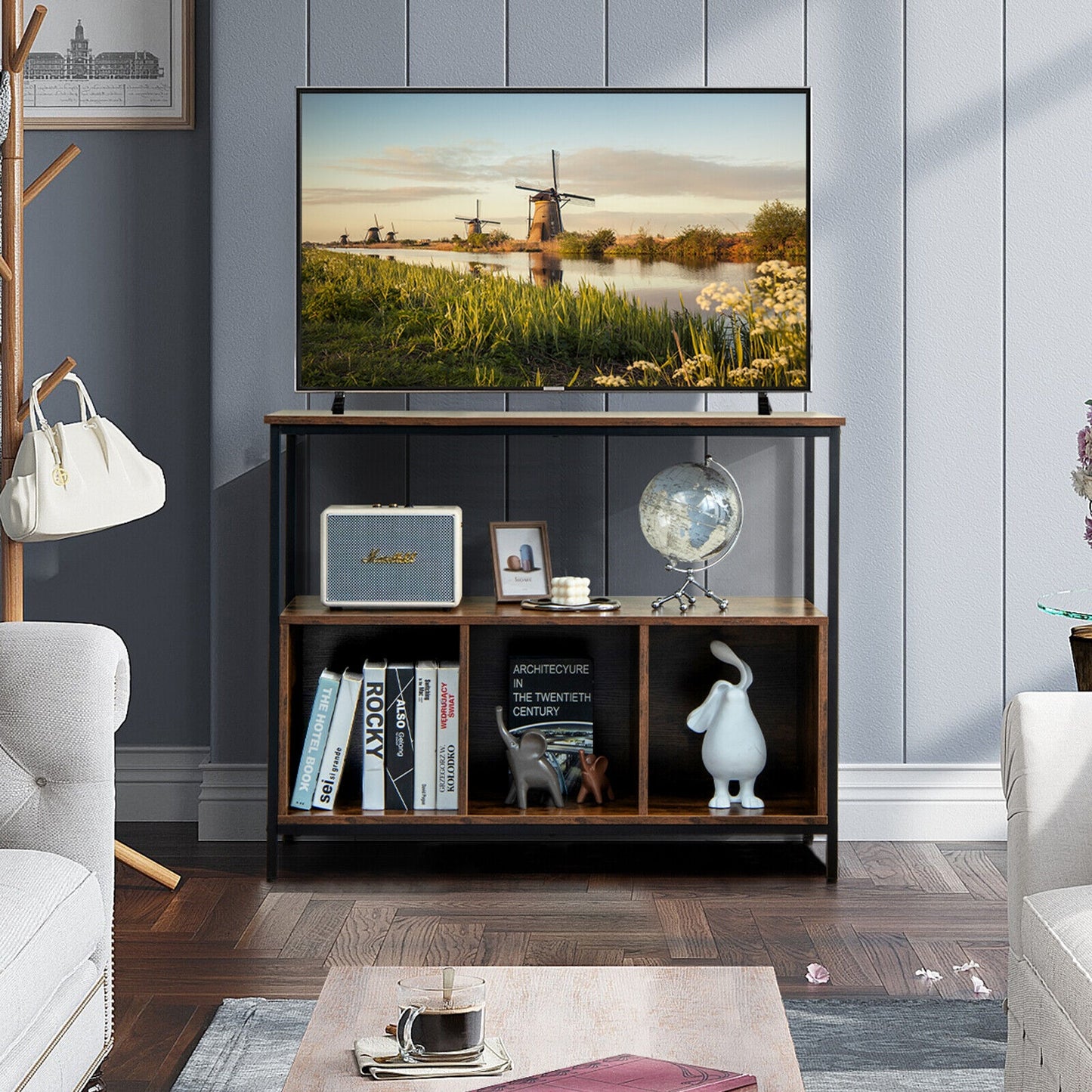 Multipurpose Buffet Sideboard Cabinet with Open Shelves and Storage Compartments - Rustic Brown