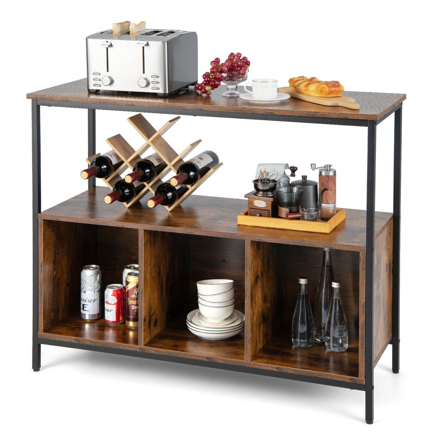 Multipurpose Buffet Sideboard Cabinet with Open Shelves and Storage Compartments - Rustic Brown