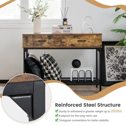 Industrial Style Console Table with 2 Drawers and Steel Frame for Small Areas