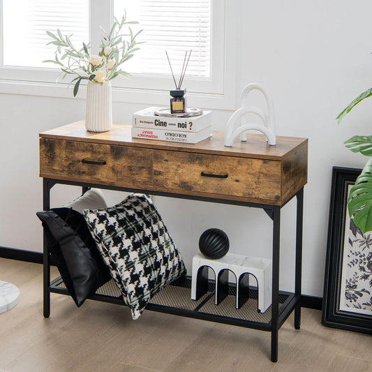 Industrial Style Console Table with 2 Drawers and Steel Frame for Small Areas
