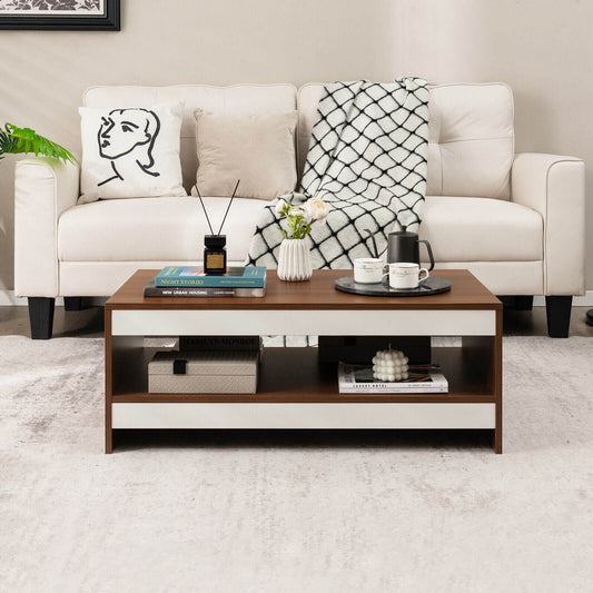 Wood Coffee Table with Open Storage Shelf 37 Inch Rectangular Two-Tier Design
