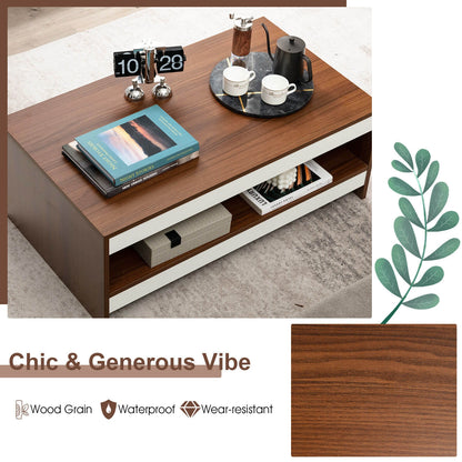 Wood Coffee Table with Open Storage Shelf 37 Inch Rectangular Two-Tier Design