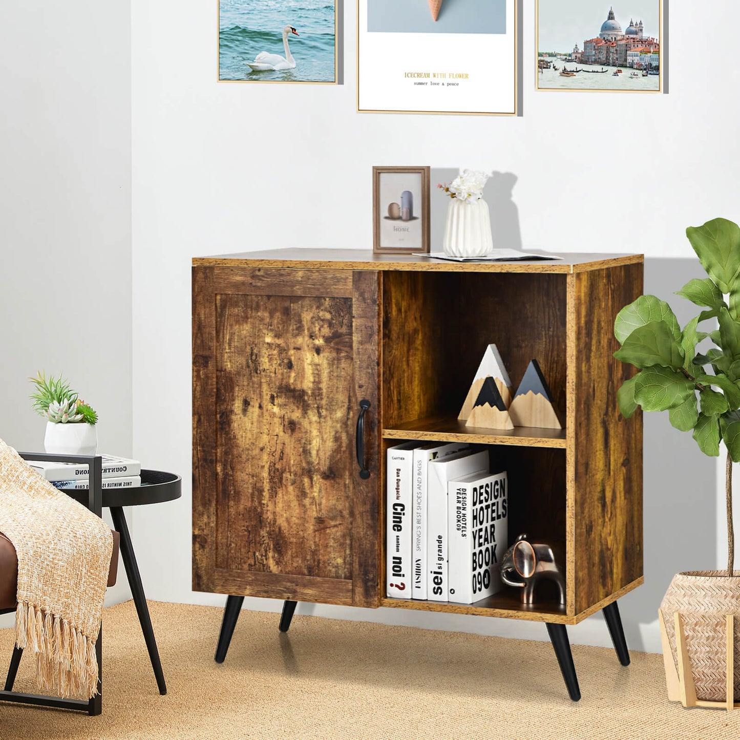 Rustic Mid-century Storage Cabinet with Adjustable Shelves and Single Door