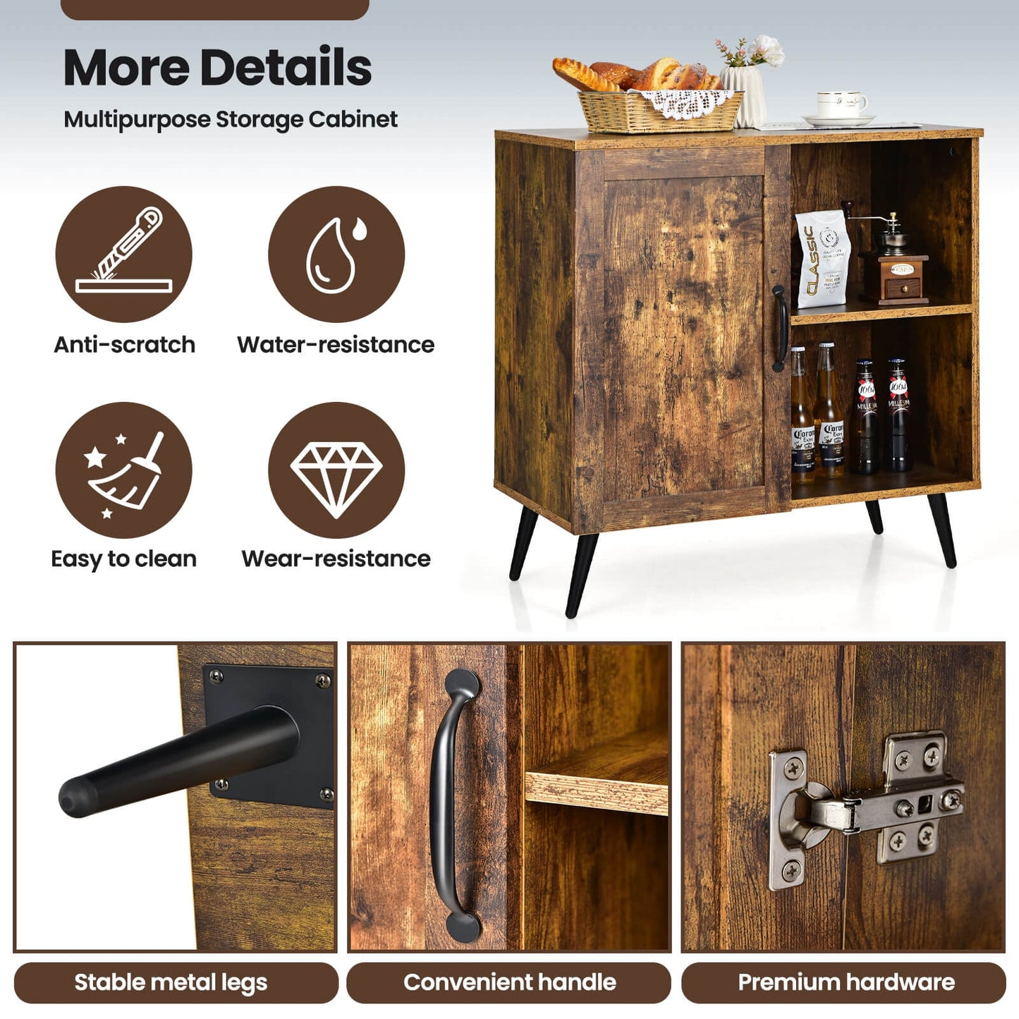 Rustic Mid-century Storage Cabinet with Adjustable Shelves and Single Door