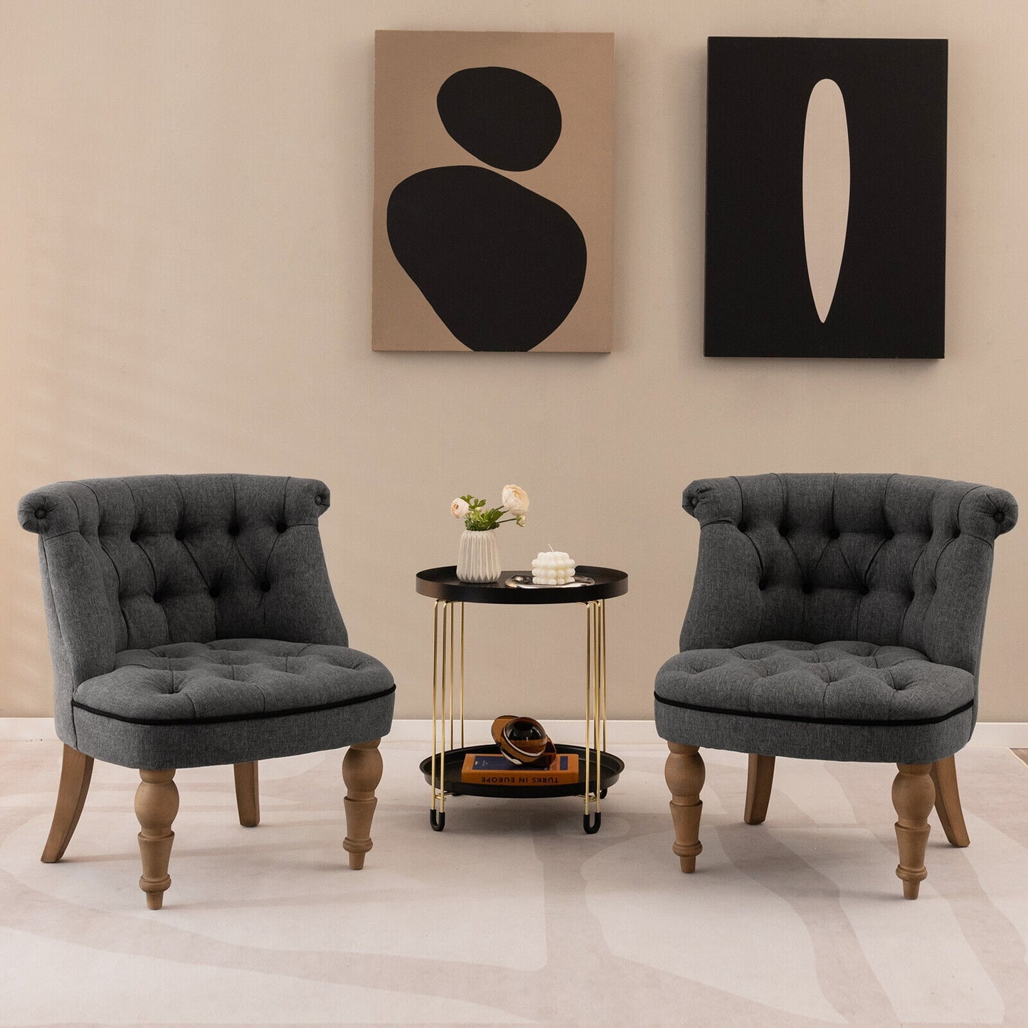 Set of 2 Tufted Upholstered Slipper Chairs with Beech Wood Legs and Curved Wingback Design