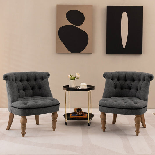 Set of 2 Tufted Upholstered Slipper Chairs with Beech Wood Legs and Curved Wingback Design