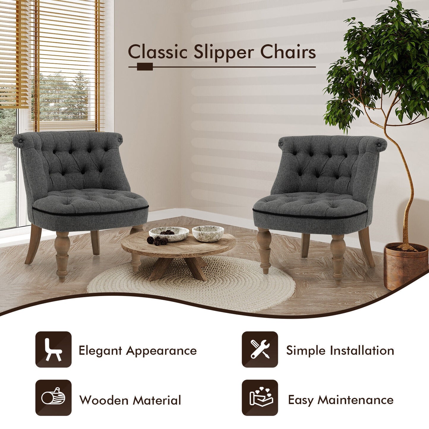 Set of 2 Tufted Upholstered Slipper Chairs with Beech Wood Legs and Curved Wingback Design