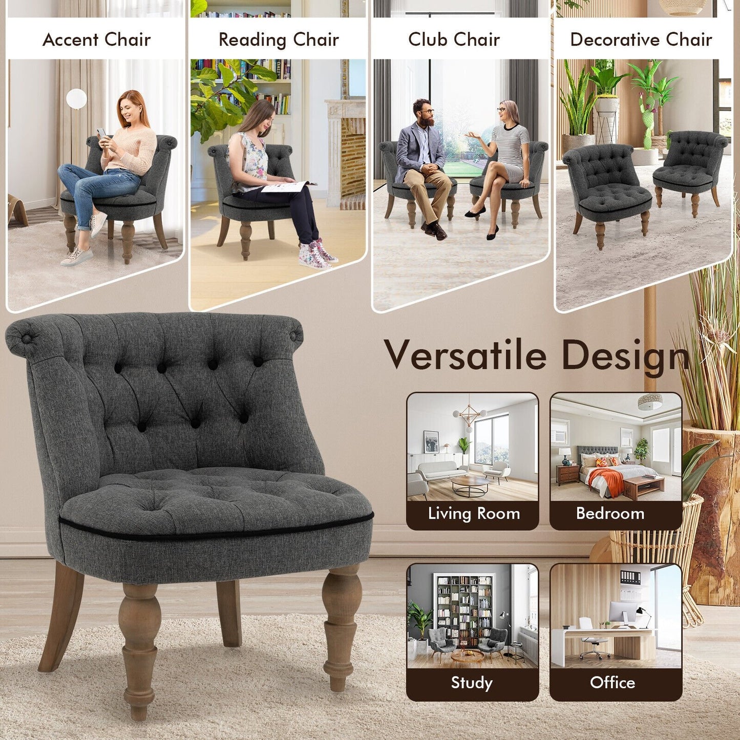 Set of 2 Tufted Upholstered Slipper Chairs with Beech Wood Legs and Curved Wingback Design