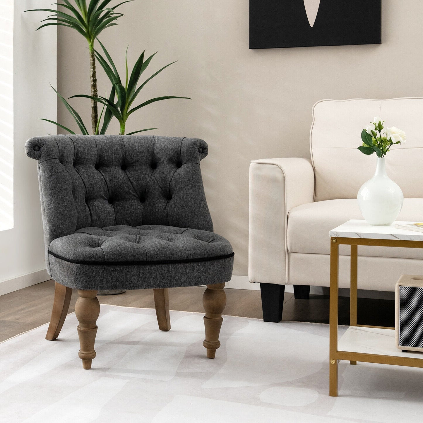 Set of 2 Tufted Upholstered Slipper Chairs with Beech Wood Legs and Curved Wingback Design