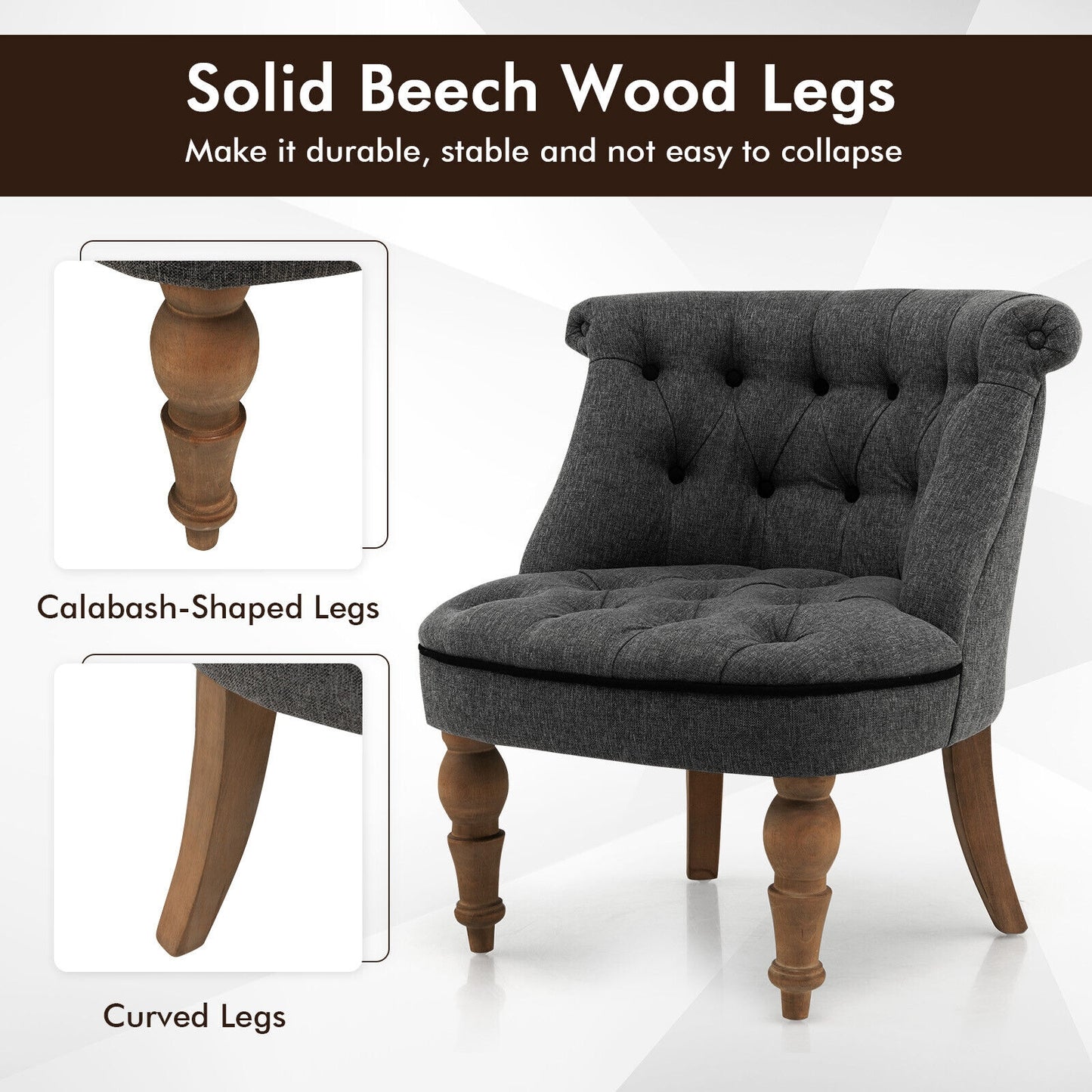 Set of 2 Tufted Upholstered Slipper Chairs with Beech Wood Legs and Curved Wingback Design
